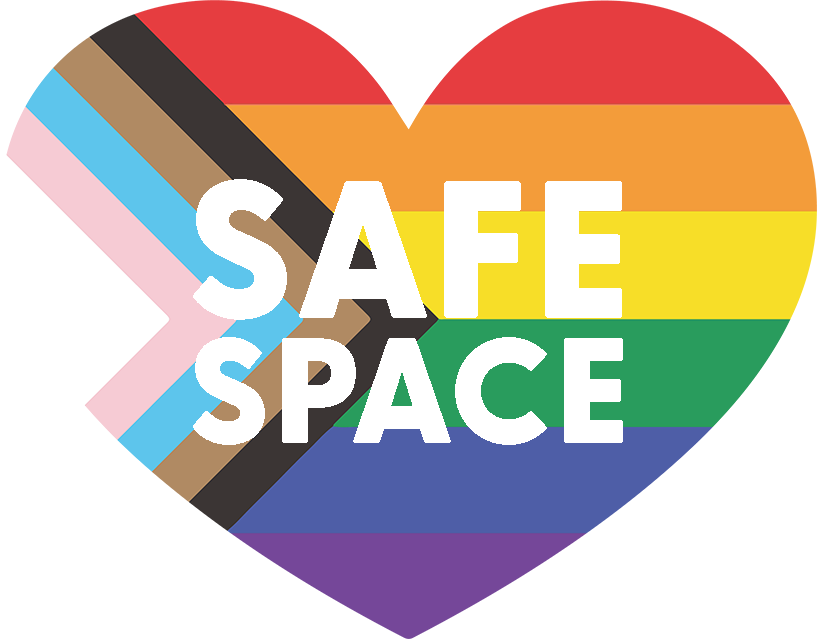 LGBTQIA+ flag shaped like a heart with the words 'SAFE SPACE' on it.
